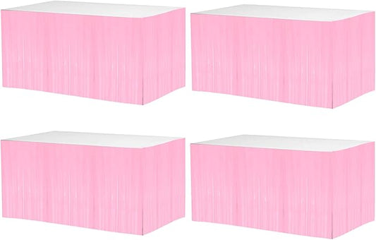 4 Pack 29x108 Inch Metallic Foil Fringe Tinsel Table Skirts for Rectangle Tables Streamer Backdrop for Wedding, Birthday, Parade Floats, Christmas, Halloween Party Decoration(Macaron Pink)