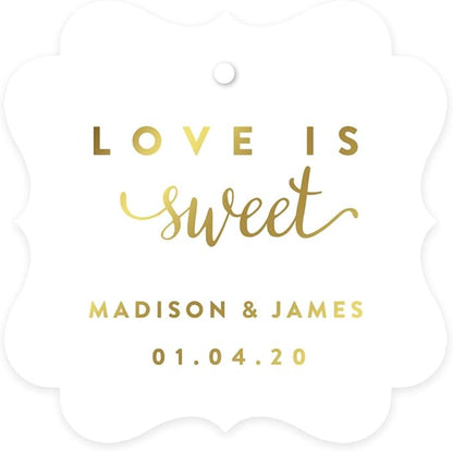 Andaz Press Personalized Fancy Frame Square Wedding Gift Tags, Metallic Gold Ink, Love is Sweet, 24-Pack, Custom Made Any Name