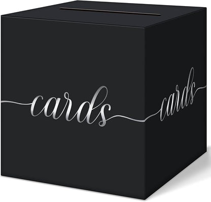 QIKSION Black Wedding Card Box, Silver Foil Gift Card Box for Party, Wedding Reception, Graduation, Birthday, Baby Shower, Raffle
