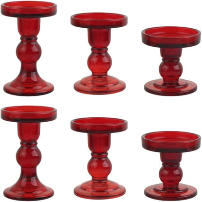 6-Piece Set of Red Glass Candlestick, Crystal Candlestick Holder Holder and Conical Candle, Christmas Candle Holder Decoration, Family Living Room Wedding Candle Holder (red2sets)
