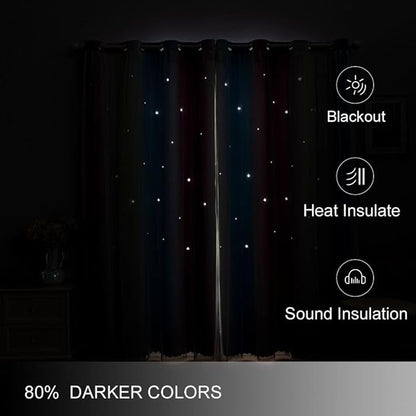 FANLI Ombre Rainbow Blackout Curtains for Kid Girls Bedroom Living Room Darking Stripe Double Layer Star Cut Out Wall Home Decor Gradient Grommet Window Curtains （Blue Purple 52Wx63L）