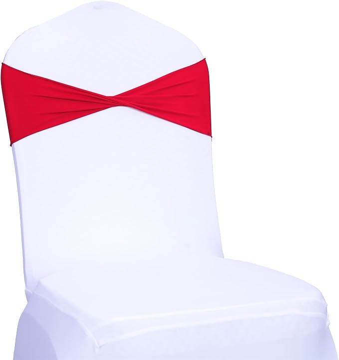 MDS Pack of 100 Spandex Chair Sashes Bows Elastic Stretch Dining Chair Bands Ties Without Slider Buckle Universal fits for Wedding Baby Shower Birthday Party Banquet Event Decoration - Red