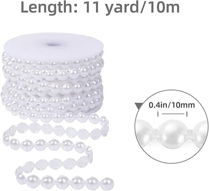 10mm Pearl Garland Half-Round 11 Yards Flat Craft Pearls Bead String Roll Strand for Wedding Party Christmas Tree Decoration (White)
