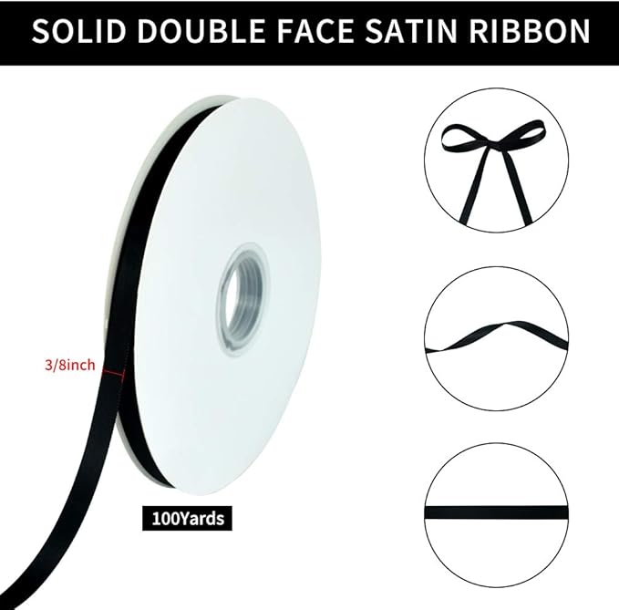 TONIFUL 3/8 Inch x 100yds Black Satin Ribbon Thin Solid Fabric Ribbons Roll for Gift Wrapping Invitation Floral Hair Balloons Craft Sewing Party Wedding Halloween Decoration Valentine's Day Bouquet