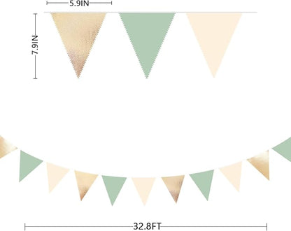 Sage Green Beige Champagne Gold Party Decorations Metallic Fabric Triangle Pennant Banner Bunting Flag Garland for Baby Shower Birthday Wedding Engagement Bridal Shower Graduation Decoration Supplies