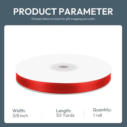 KMER LIFE 3/8" Wide x 50 Yards Red Single Faced Polyester Satin Ribbon - Perfect for Wedding Decor, Wreaths, Crafts, Gift Wrapping & Other Projects