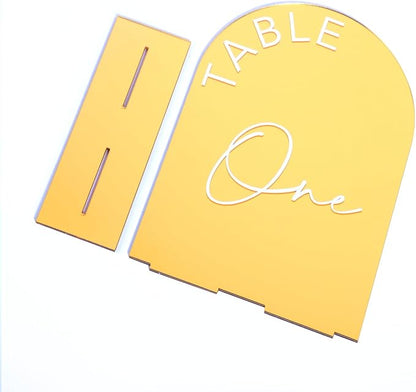 Gold Mirror Arch Wedding Table Numbers 1-15 with Stands, 5x7 Inch Acrylic Arch Sign with Holder for Wedding Reception Table Centerpiece Decoration(Gold Mirror)