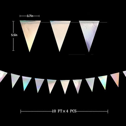 40Ft Iridescent Party Decorations Holographic Hanging Triangle Pennant Banner Flag Bunting Garland for Graduation Birthday Anniversary Engagement Wedding Bridal Baby Shower Disco Hen Party Supplies