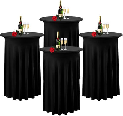 Albassa 4 Pack Cocktail Table Covers 32"x 43" Spandex Stretch Round Cocktail Tablecloths with Wavy Drapes Fitted High Top Bar Table Skirt for Wedding Party Banquet (Black, 4 PCS)