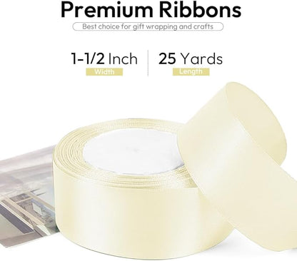 1-1/2 Inch 25 Yards Satin Ribbon Ivory, Solid Color Fabric Ribbon for Gift Wrapping, Wedding, Polyester Gift Ribbon for Birthday Party Decoration, Craft, Hair, Floral, Sewing