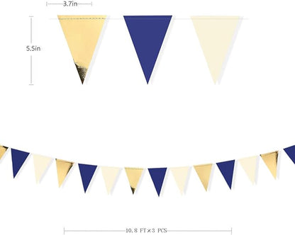 30Ft Navy Blue Gold and Beige Party Decorations Royal Blue Gold Triangle Flag Pennant Banner Bunting for Graduation Birthday Wedding Bridal Shower Nautical Ahoy Achor Theme Party Decorations Supplies