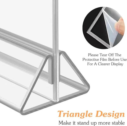16 Pack 4x6 Clear Acrylic Sign Holders with Silver Borders and Vertical Stand, Double Sided Display Acrylic Table Number Holder for Desktop Table Menu, Wedding, Party, Restaurant