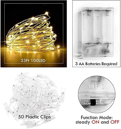 Photo Clip String Light - 33Ft 100LED Fairy Lights with Clips for Pictures With Timer, Photo Light with 50 Clear Clips for Bedroom Christmas Wedding Décor