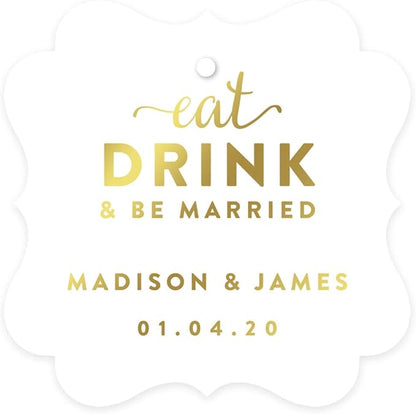 Andaz Press Personalized Fancy Frame Square Wedding Gift Tags, Metallic Gold Ink, Eat Drink and Be Married, 24-Pack, Custom Made Any Name