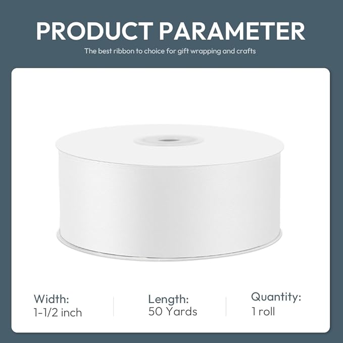 KMER LIFE 1-1/2" Wide x 50 Yards White Single Faced Polyester Satin Ribbon - Perfect for Wedding Decor, Wreaths, Crafts, Gift Wrapping & Other Projects