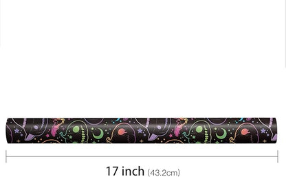 LeZakaa Halloween Pumpkin Wrapping Paper Roll, Neon Pumpkin Witch Hat Bat Pattern in Black, Glow-Like Gothic Kawaii Style Gift Wrap for Spooky Party & Candy Bags, Mini Roll 17 in x 16.4 Ft