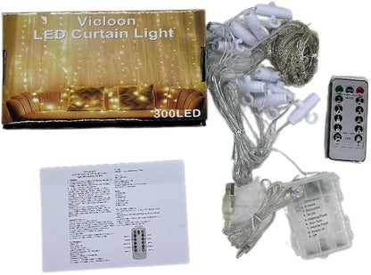 Vicloon Fairy Curtain Lights,300 LED Warm White Curtain Lights,8 Modes 9.8×9.8Ft Waterproof Window Curtain String Light USB&Battery Powered with Remote Control,String Lights Curtain for Indoor,Outdoor
