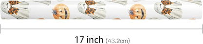 LeZakaa Halloween Wrapping Paper Roll for Kids, Watercolor Ghosts Pumpkins with Bows Spooky Soft Vintage Design, for Trick-or-Treat Decor,Aesthetic Holiday Packaging, Mini Roll 17 in x 16.4 Ft