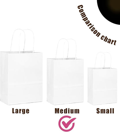 qiqee 50-Packs White Paper Gift Bags with Handles Bulk 11"x8.3"x4.3" Medium Size Paper Bags Multiple Uses