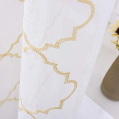 Embroidered Moroccan Tile Lattice Design Gold Sheer Curtains 84 Inch Long, Rod Pocket Sheer Drapes for Living room, Bedroom, 2 Panels, 52"x84", Semi Voile Window Treatments for Yard, Villa, Parlor.