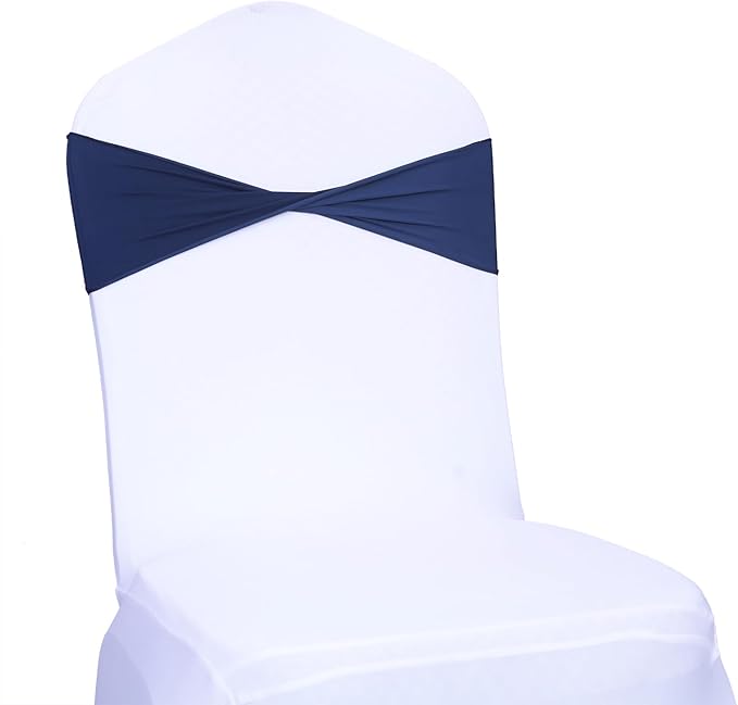 MDS Pack of 50 Spandex Chair Sashes Bows Elastic Stretch Dining Chair Bands Ties Without Slider Buckle Universal fits for Wedding Baby Shower Birthday Party Banquet Event Decoration - Navy Blue