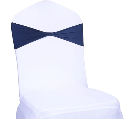 MDS Pack of 50 Spandex Chair Sashes Bows Elastic Stretch Dining Chair Bands Ties Without Slider Buckle Universal fits for Wedding Baby Shower Birthday Party Banquet Event Decoration - Navy Blue
