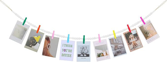Hanging Photo Display Wall Decor, Wooden Bead Garland Collage Picture Frame with 9 Different Random Colors Wood Clips for Boho Bedroom, Living Room, Office, Dorm Decor
