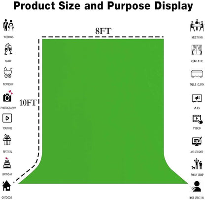 8x10FT Green High Density Fabric Screen Backdrop, Solid Color Photography Background for Video, Studio, Photo, Live, Editing