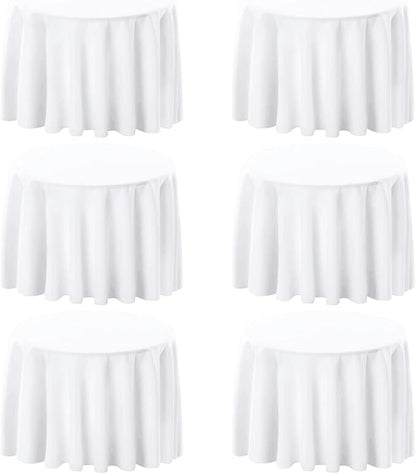 6 Pack White 90 Inch Round Tablecloths. Stain and Winkle Resistant Polyester Washable White Table Cloths for Parties Wedding Dining