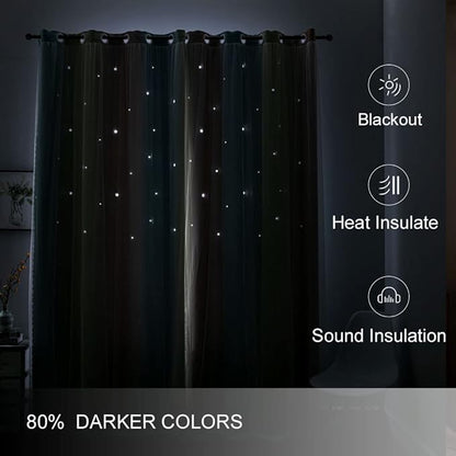 FANLI Ombre Rainbow Blackout Curtains for Kid Girls Bedroom Living Room Darking Stripe Double Layer Star Cut Out Wall Home Decor Gradient Grommet Window Curtains (Pink/Blue, 52W x 84L)