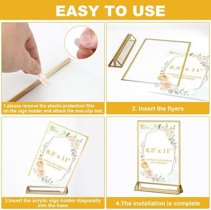 EHWINE 8 Pack Acrylic Sign Holder 8.5 x 11, Double Sided Gold Picture Frame Stand up Table Top Sign Holders, Clear Display Stand Menu Flyer Holder for Wedding Party (Provide Non-slip Mats)