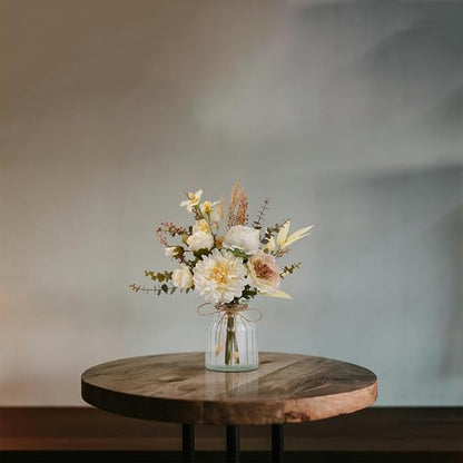 LESING Dahlia Flower Aritificial Flower with Vase Fake Silk Flowers in Glass Vase Faux Rose Flowers Arrangement for Home Office Table Centerpiece Decoration (White)