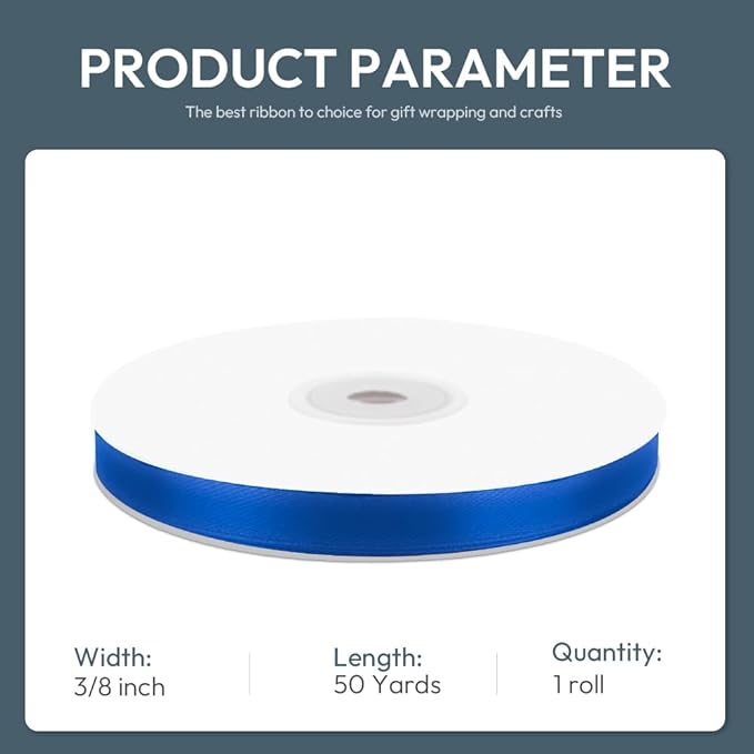 KMER LIFE 3/8" Wide x 50 Yards Royal Blue Single Faced Polyester Satin Ribbon, Royal Blue Satin Ribbon Perfect for Wedding Decor, Wreath, Crafts, Gift Wrapping & Other Projects (Royal Blue)