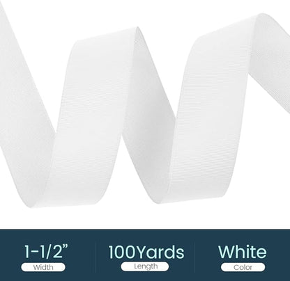 1-1/2" X 100 Yards White Grosgrain Ribbon, Premium Grosgrain Ribbon for Sewing, Gift Wrapping, Bow Making, Wedding Decor, Wrapping and More (White)