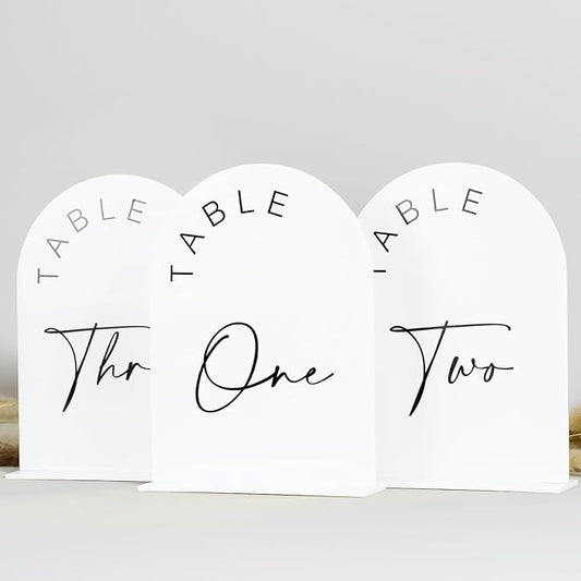 JINMURY White Arch Wedding Table Numbers 1-10 with Stands, 5x7 Inch Acrylic Arch Sign with Black Lettering, White Acrylic Table Numbers for Wedding Reception