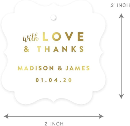 Andaz Press Personalized Fancy Frame Square Wedding Gift Tags, Metallic Gold Ink, with Love and Thanks, 24-Pack, Custom Made Any Name