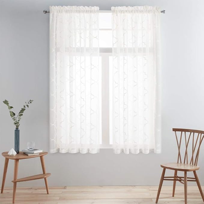 Sheer Curtains Beige 63 Inches, Rod Pocket Voile Drapes for Living room, Bedroom, Embroidered Moroccan Tile Lattice Design Window Semi Crinkle Curtain Panels for Yard, Parlor, Set of 2, 52"x 63".
