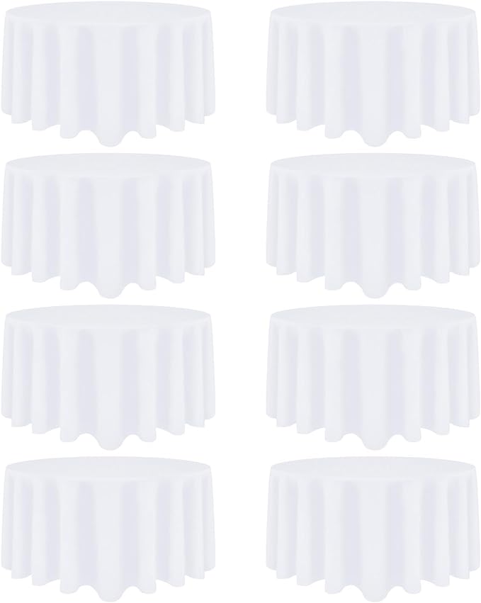 8 Pack White Round Tablecloth 120 Inch White Table Cloth Stain and Wrinkle Resistant Round White Tablecloths Reusable and Washable Polyester Fabric Table Covers for Buffet Wedding Party and Banquet