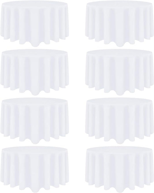 8 Pack White Round Tablecloth 120 Inch White Table Cloth Stain and Wrinkle Resistant Round White Tablecloths Reusable and Washable Polyester Fabric Table Covers for Buffet Wedding Party and Banquet