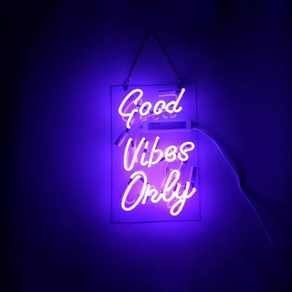 LiQi ™ GOOD VIBES ONLY Real Glass Handmade Neon Wall Signs for Home Decor Wall Light Room Decor Home Bedroom Girls Pub Hotel Beach Cocktail Recreational wedding vibes signs （14" x 8",Purple）