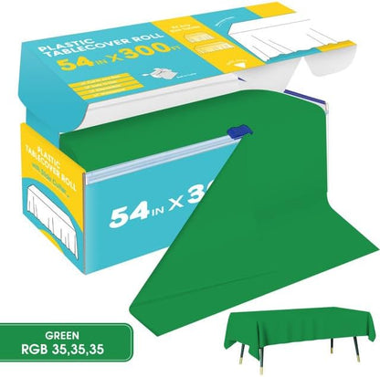 Green Plastic Table Cover Roll - 54IN x 300FT, Table Cloth for Rectangle Table with Slide Cutter, Plastic Table Cloth Disposable with Cut-to-Size Design for Weddings, Banquets, Parties