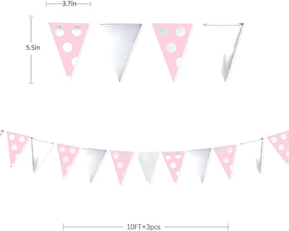 30 Ft Silver Pink Polka Dot Pennant Banner Blush Paper Circle Dot Triangle Flags Bunting Garland for Baby Shower Bridal Shower Wedding Bachelorette Christmas Holiday Girls Birthday Party Decorations