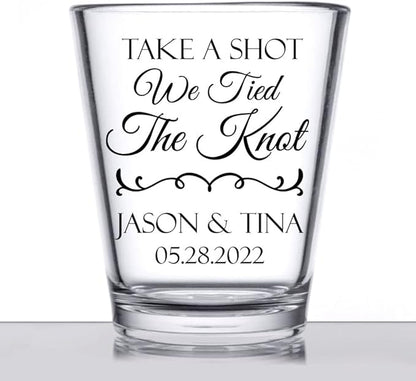 Personalized wedding shot glasses, take a shot we tied the knot, cute customizable wedding favors for guests, custom shot glasses, personalized wedding favors, wedding glasses