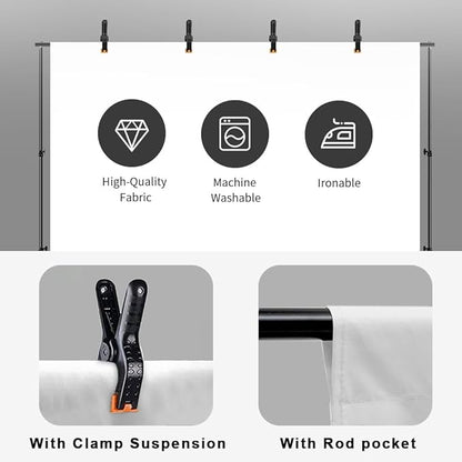 10x12ft White Backdrop for Photography, Polyester White Screen with 4 Clamps for Multiple Occasions