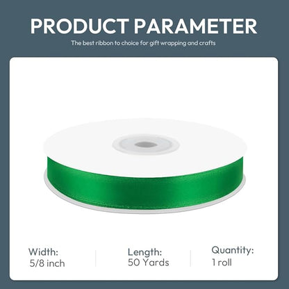 KMER LIFE 5/8" Wide x 50 Yards Green Polyester Satin Ribbon - Perfect for Wedding Decor, Wreaths, Crafts, Gift Wrapping & More