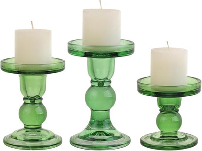 6-Piece Set of Green Glass Candlestick, Crystal Candlestick Holder Holder and Conical Candle, Christmas Candle Holder Decoration, Family Living Room Wedding Candle Holder (green2sets)