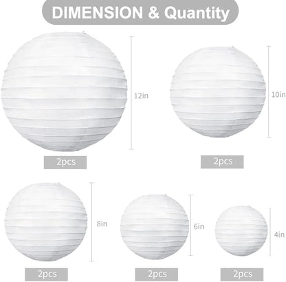 BEISHIDA 10Pcs White Paper Lanterns Decorative Chinese/Japanese Hanging Round Paper Lanterns Lamp for Birthday, Wedding, Christmas, Bridal, Home Decor, Party Decoration(Size of 4”, 6”, 8”, 10”)