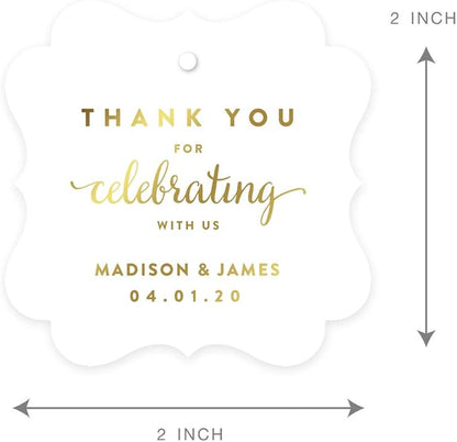 Andaz Press Personalized Fancy Frame Square Wedding Gift Tag, Metallic Gold Custom Tags, Thank You for Celebrating with US, 24-Pack, Custom Name Thank You Tag, 2x2 Personalized Gift Tags for Favors