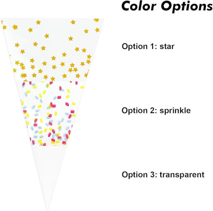 EKAPACKAGING 50Pcs 6.3x11.8 Inches Sprinkle Print Cone Shaped Treat Cellophane Bags Twist Tie Triangle Christmas Party Favor Cotton Candy Bags With Ties For Popcorn, Chocolates, Ice Cream Cone