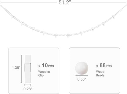 Mkono Hanging Photo Display with Clips, Boho Wooden Bead Garland Banner, Collage Card Picture Kids Art Holder String with 10 Clips for Christmas Bedroom Dorm Decor, Teen Girl Gifts, White, 2 Pack